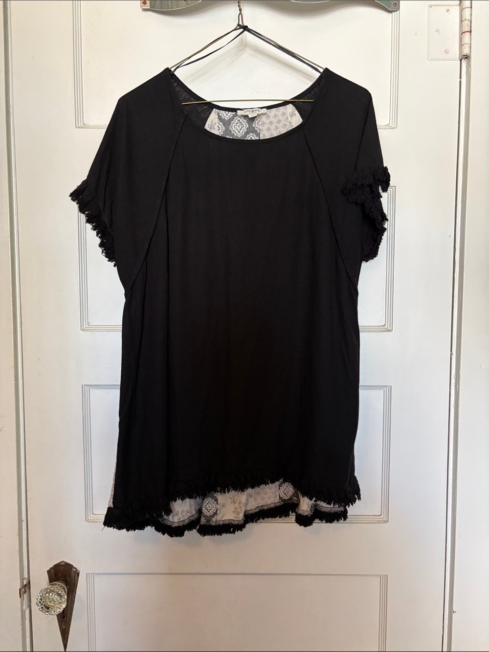 Black Fringe Short Sleeve Women's Top Size L